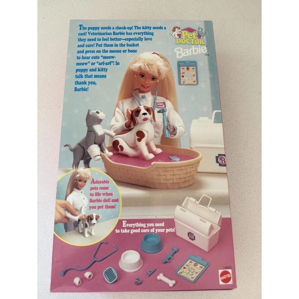 Vintage 1996 Vet Barbie Doll Pet Doctor Veterinarian & Wiggle Waggle Dog Cat NIB
